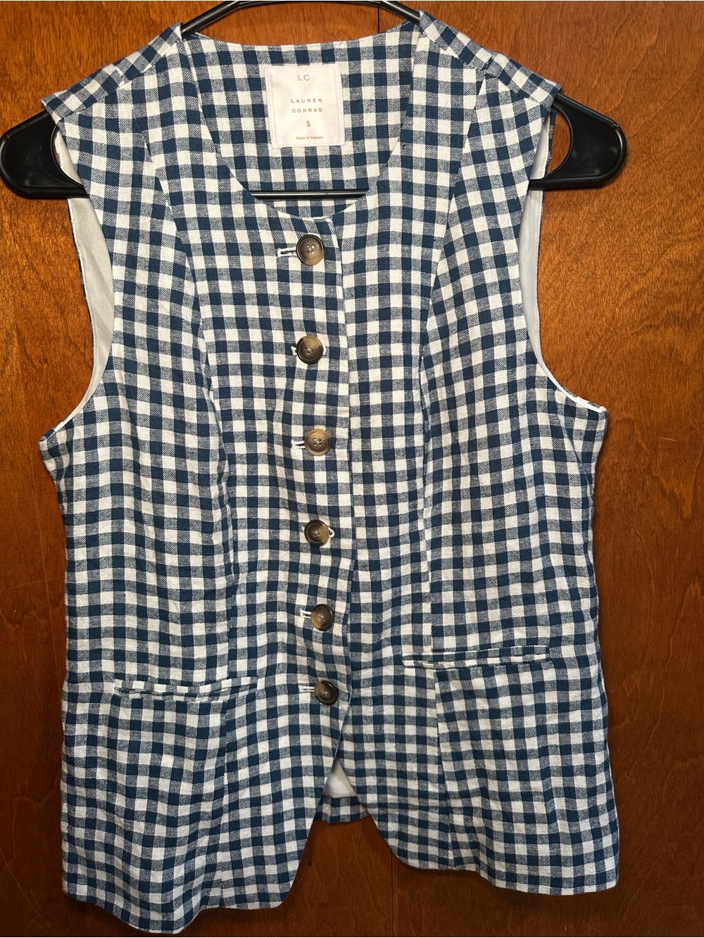 LC Lauren Conrad Navy & White Gingham Button-Front Vest Dress